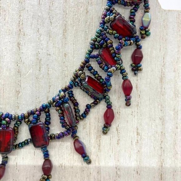 Renaissance Beaded Choker 13" Necklace Iridescent Seed Beads Red Rectangle - Picture 2 of 7